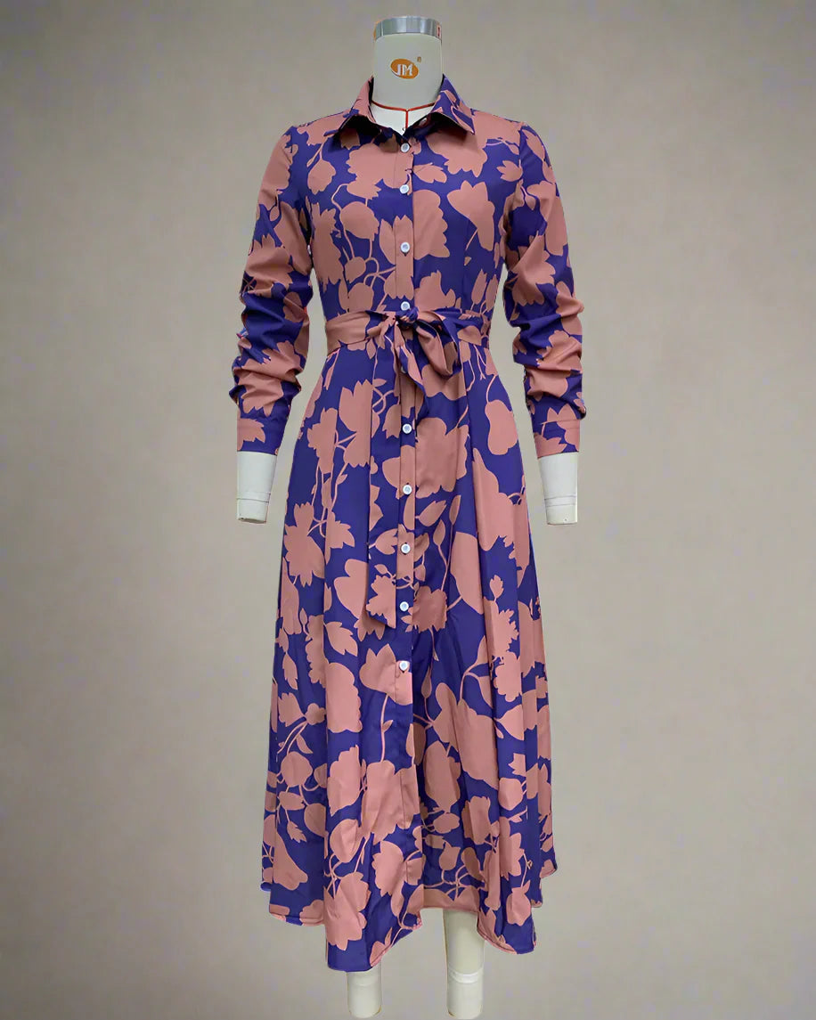 Belted Floral Shirt Dress Mid-Length Button-Down Dress