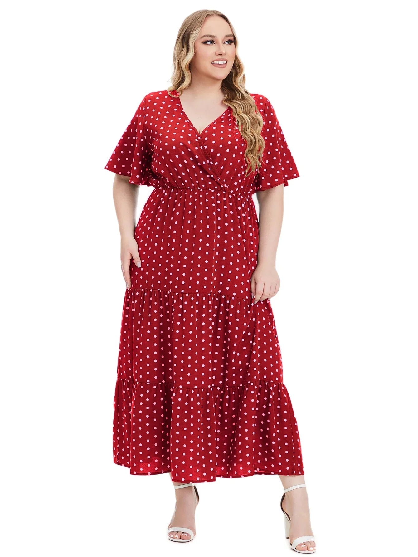 Plus Size Polka Dot V-Neck Boho Maxi Dress