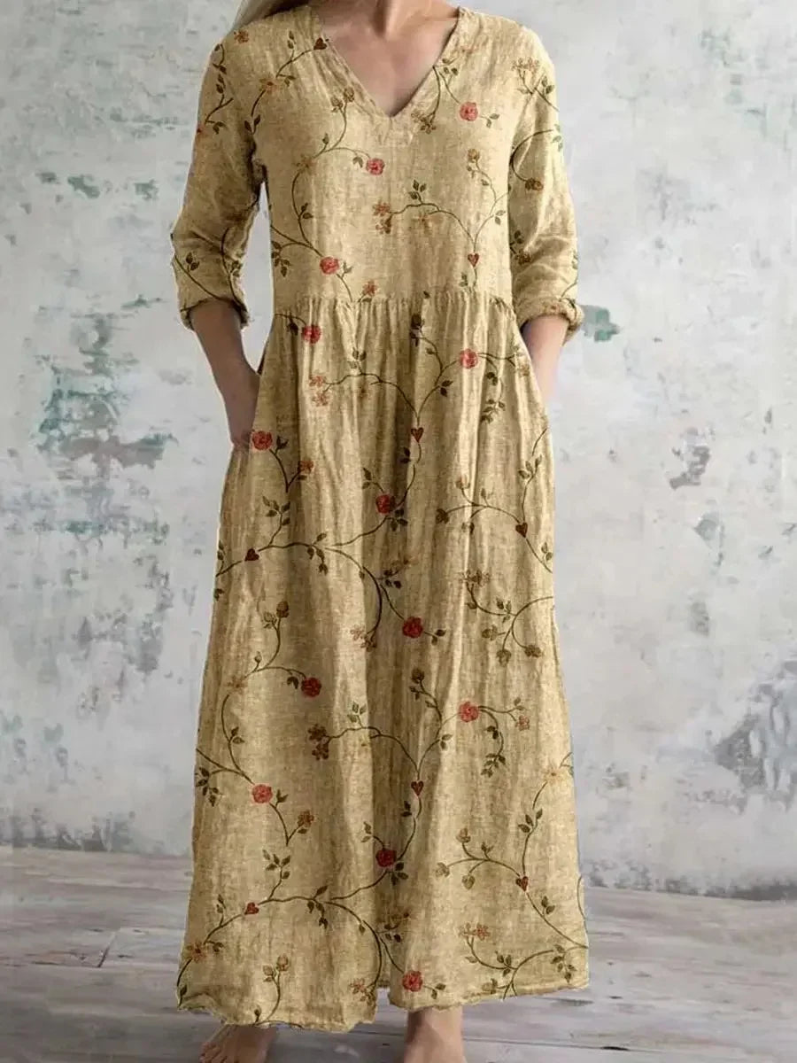 Casual Floral Print Mid-Length V-Neck Midi Dress