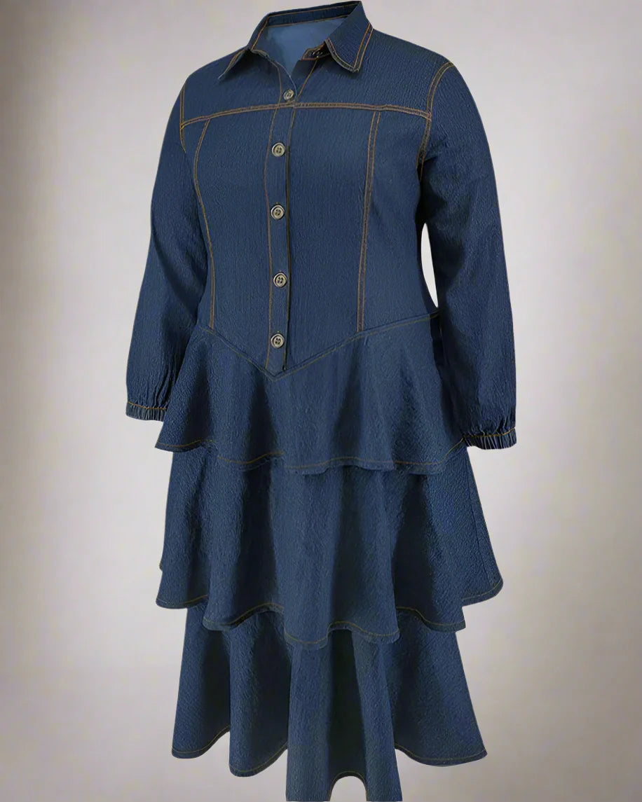 Plus Size Denim Shirt Dress Tiered Maxi Long Sleeve Dress