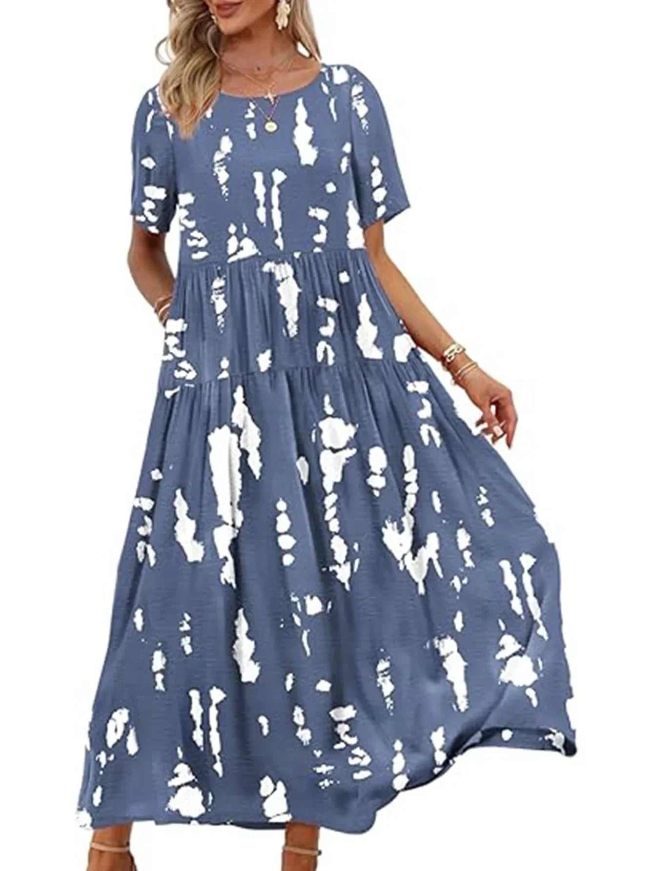 Flowy Printed Maxi Dress – Casual Loose-Fit Long Skirt Dress