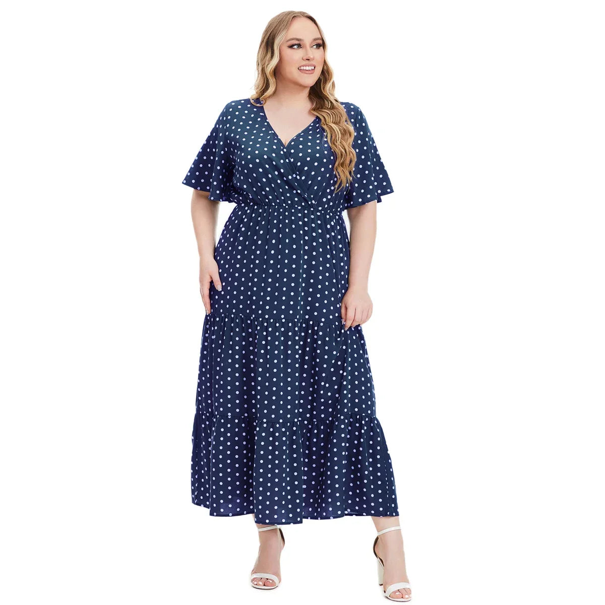 Plus Size Polka Dot V-Neck Boho Maxi Dress