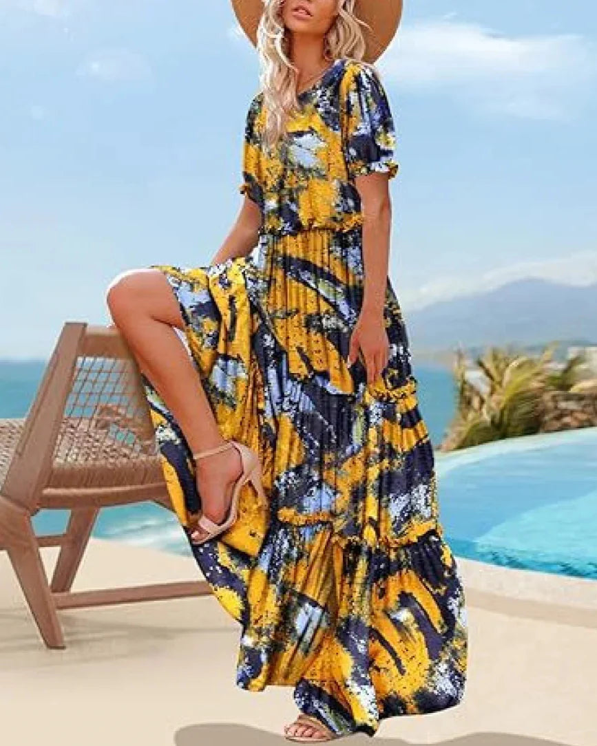 Bohemian Floral Maxi Dress with Puff Sleeves Skirt