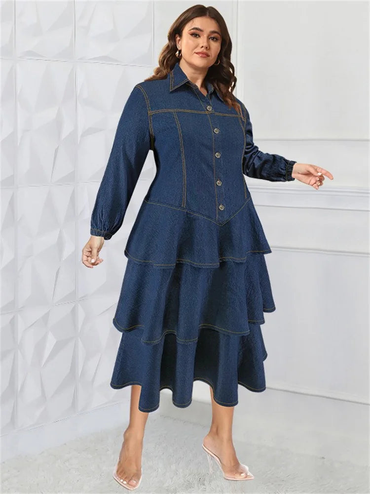 Plus Size Denim Shirt Dress Tiered Maxi Long Sleeve Dress