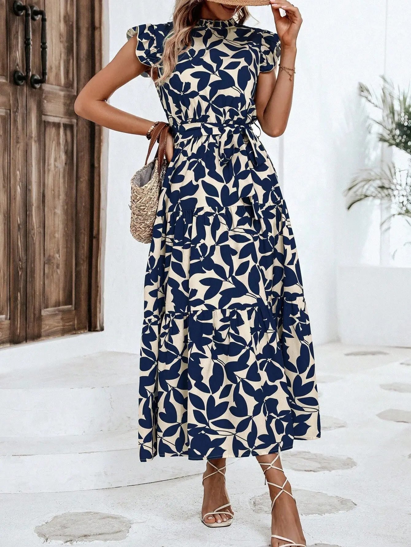 Leaf Print Midi Dress with Flying Sleeves and Lace-Up Waist