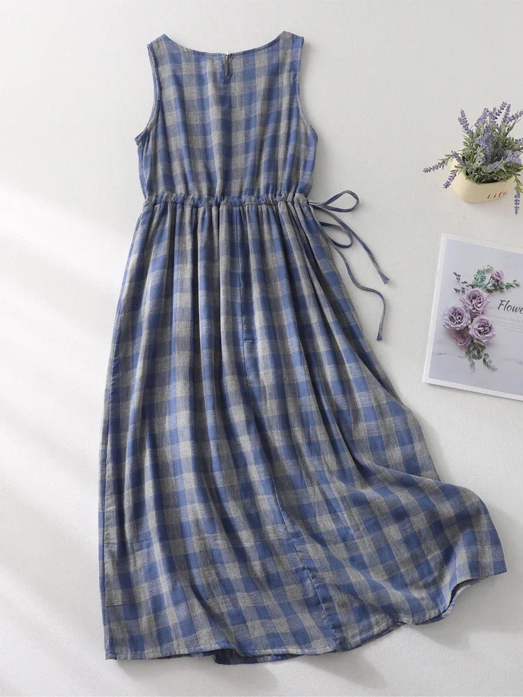 Sleeveless Midi Dress Drawstring A-Line Dress with Pockets