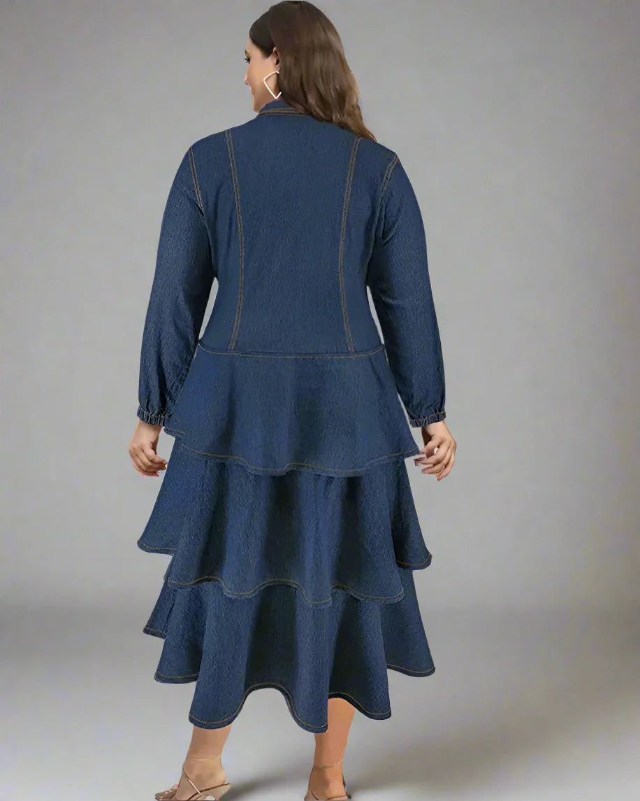 Plus Size Denim Shirt Dress Tiered Maxi Long Sleeve Dress
