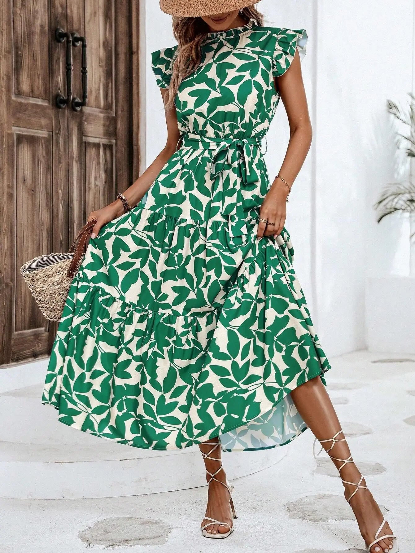 Leaf Print Midi Dress with Flying Sleeves and Lace-Up Waist