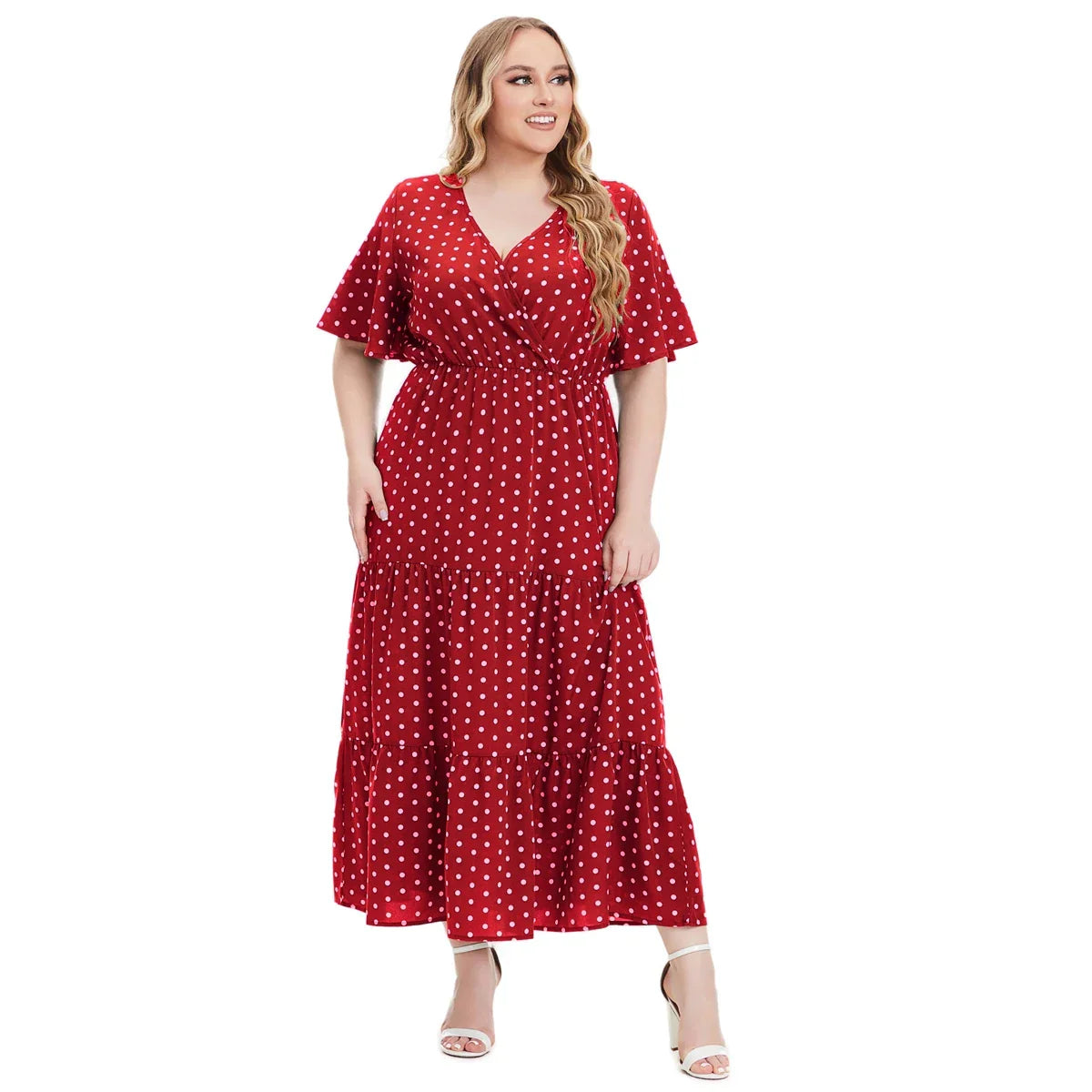 Plus Size Polka Dot V-Neck Boho Maxi Dress