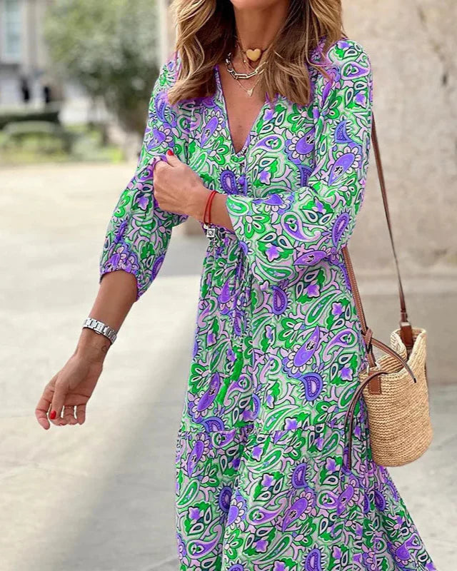 Bohemian V-Neck, Long Sleeve, High Waist Dress