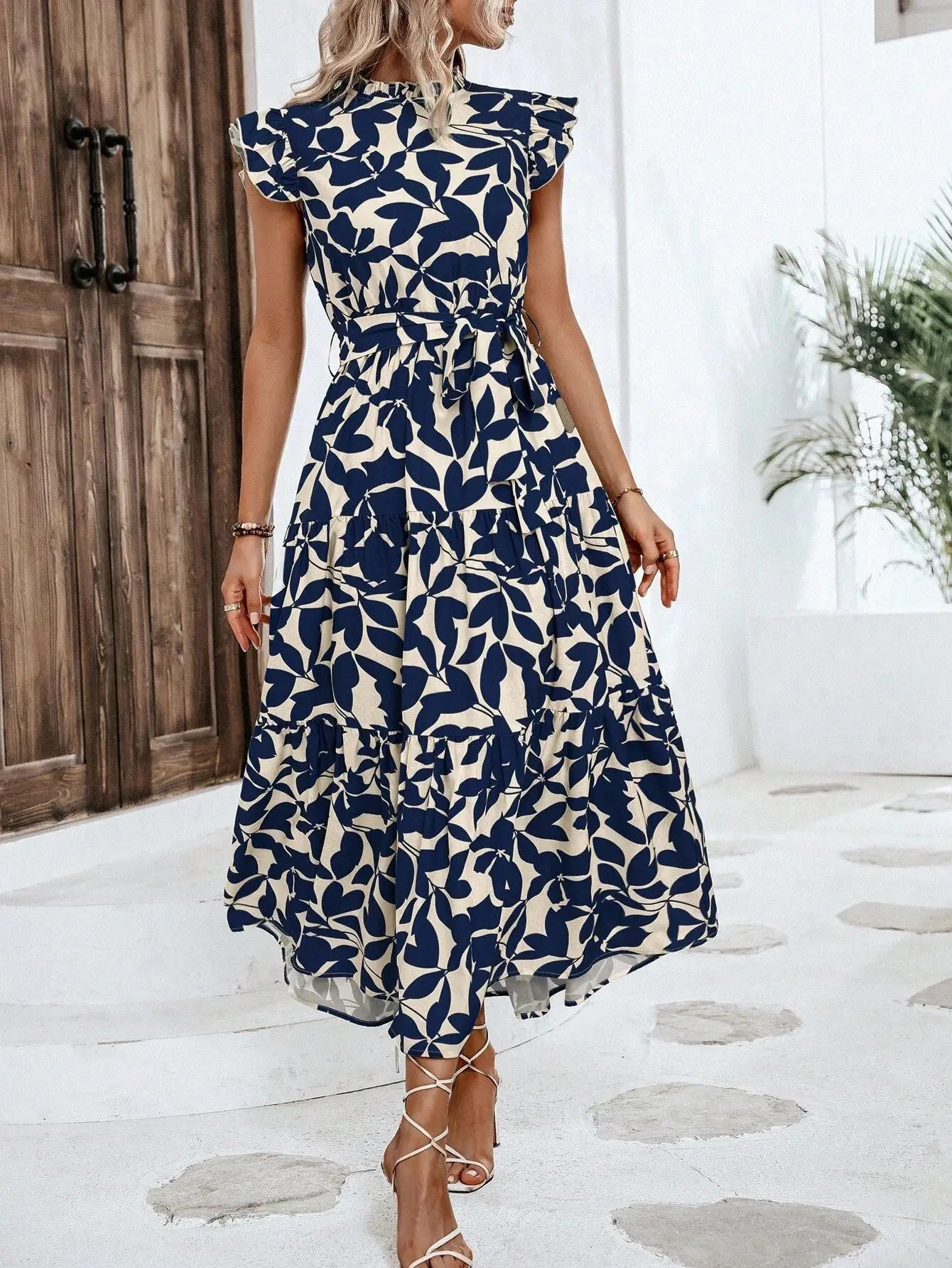 Leaf Print Midi Dress with Flying Sleeves and Lace-Up Waist