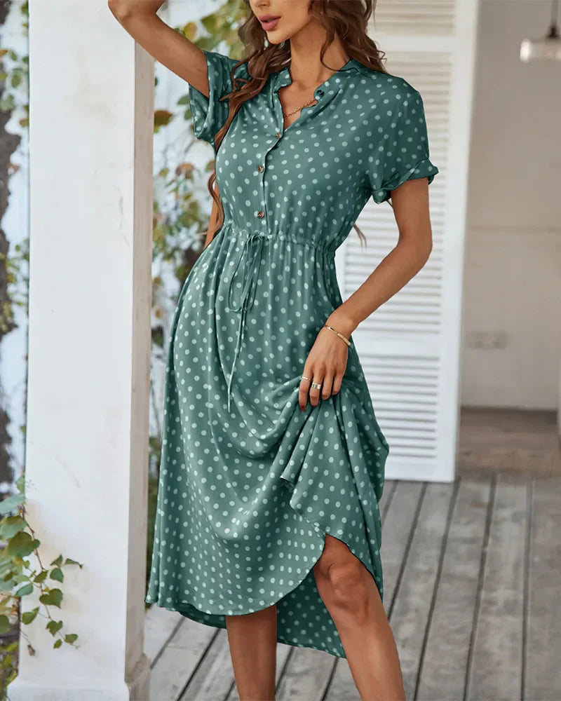Polka Dot Print Button-Up Midi Shirt Dress