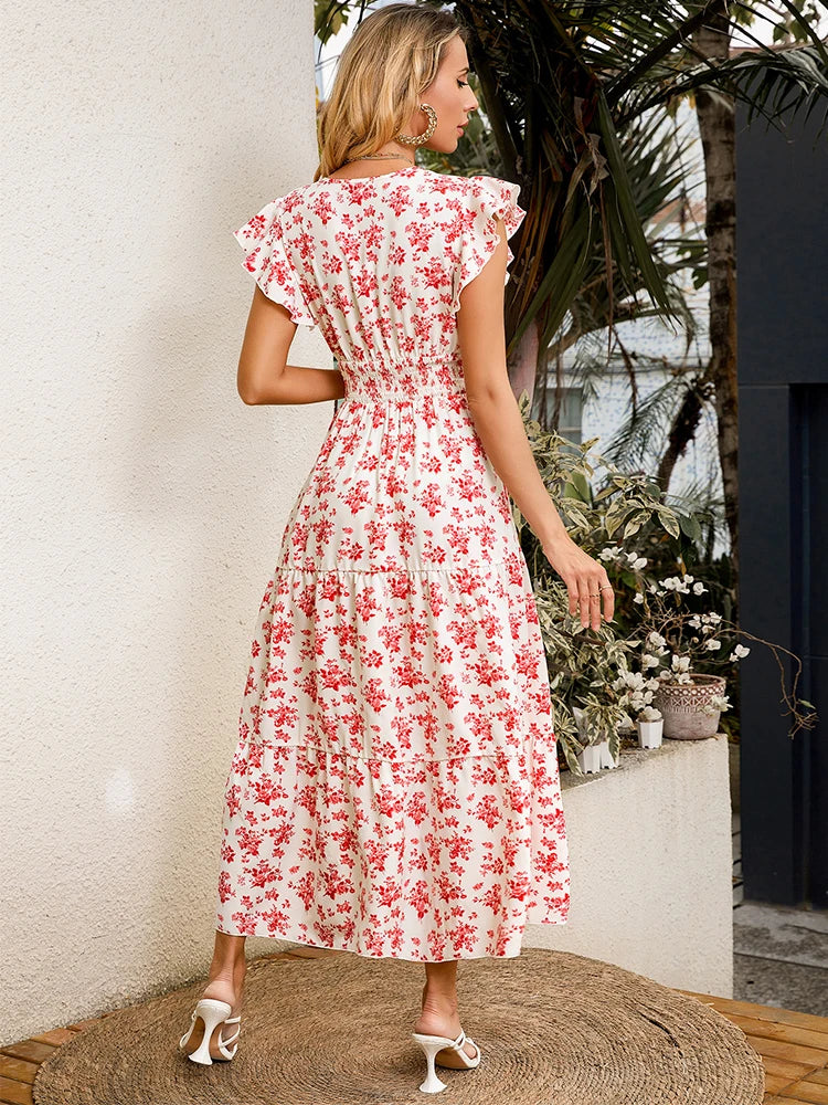 Floral Flounce Sleeve V-Neck Maxi Dress