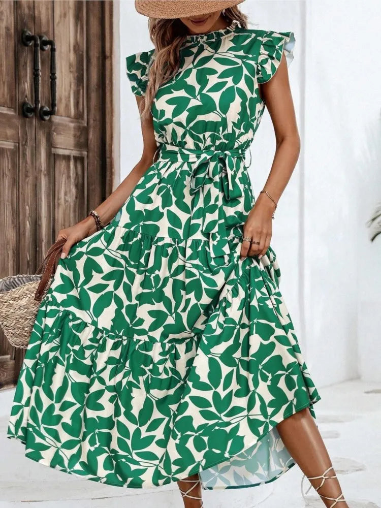 Leaf Print Midi Dress with Flying Sleeves and Lace-Up Waist