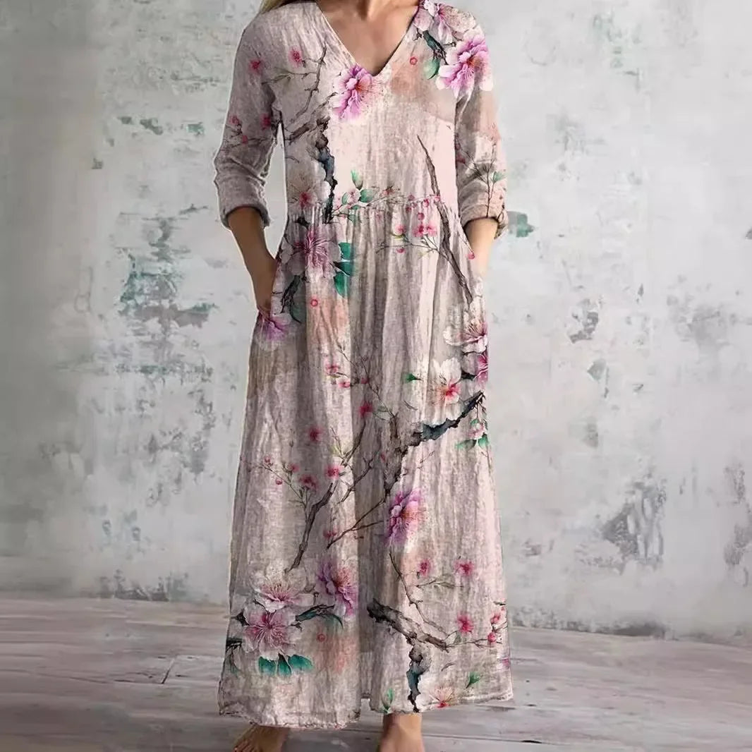 Casual Floral Print Mid-Length V-Neck Midi Dress