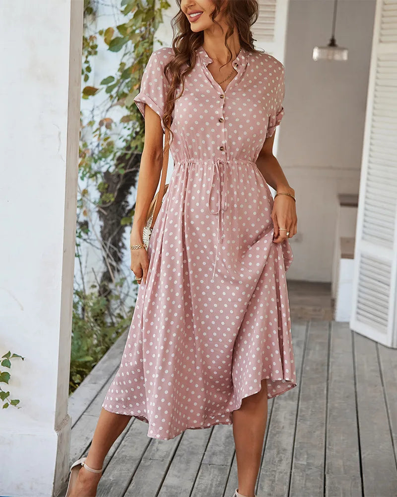 Polka Dot Print Casual Summer Shirt Midi Dress