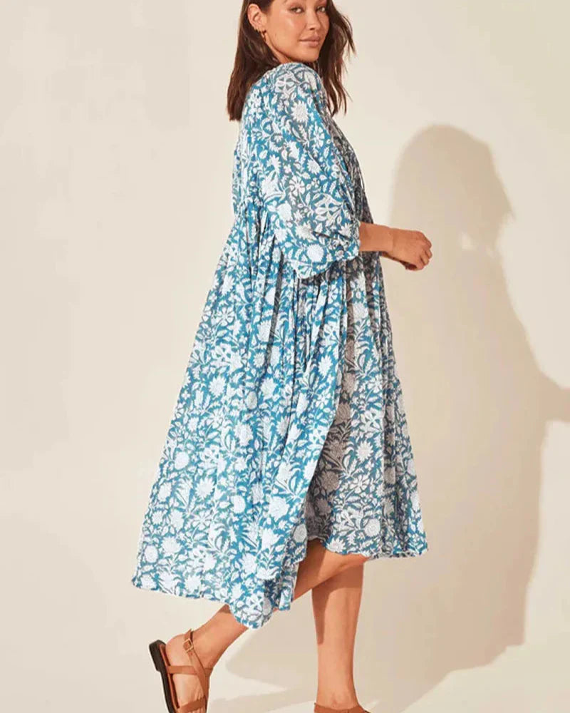 Boho Vintage Floral Puff Sleeve Patchwork Pleated Dress