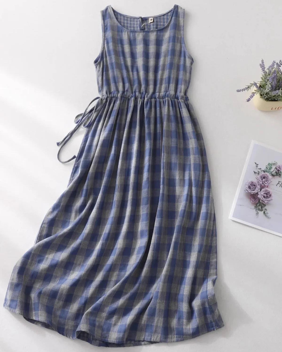 Sleeveless Midi Dress Drawstring A-Line Dress with Pockets