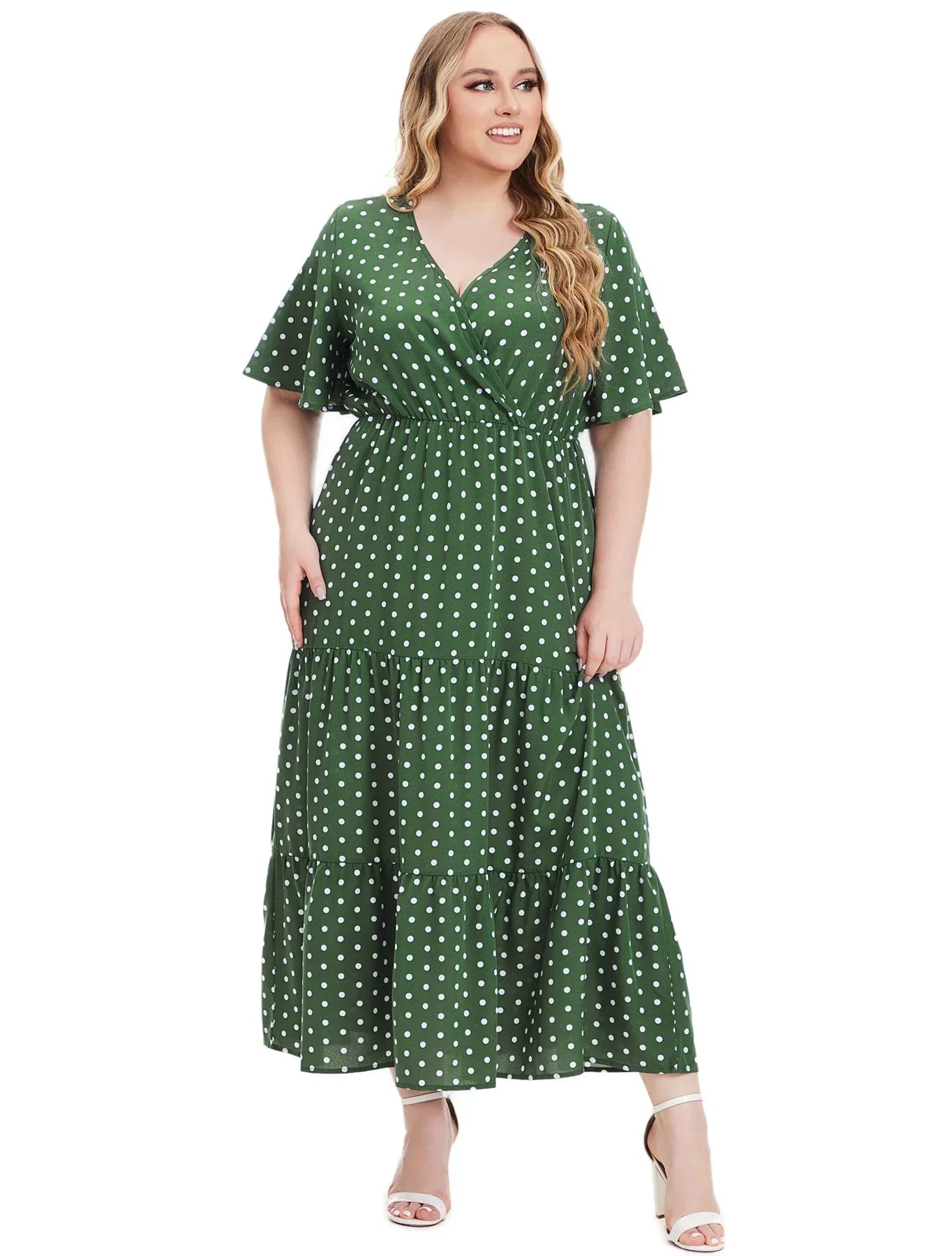 Plus Size Polka Dot V-Neck Boho Maxi Dress