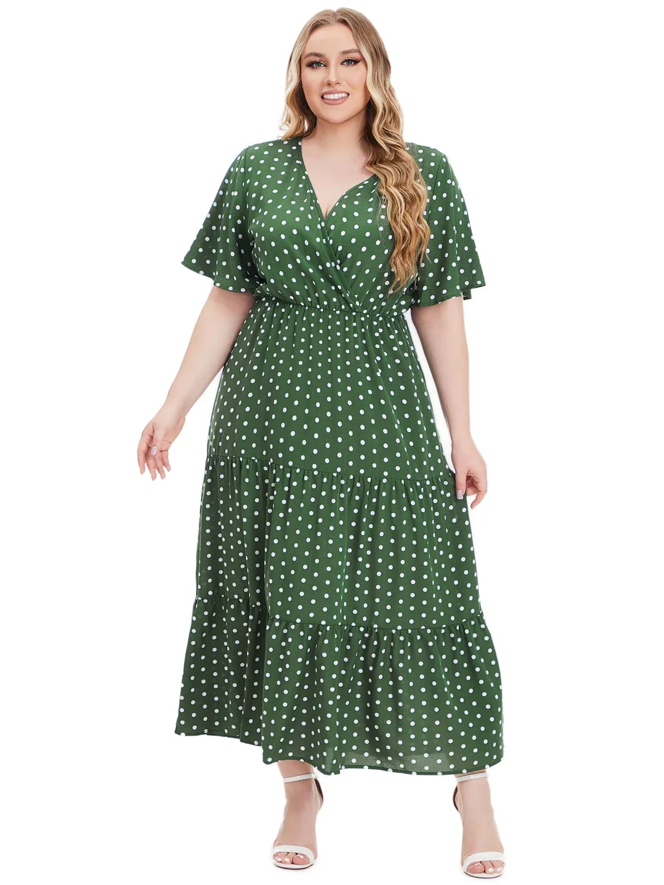 Plus Size Polka Dot V-Neck Boho Maxi Dress