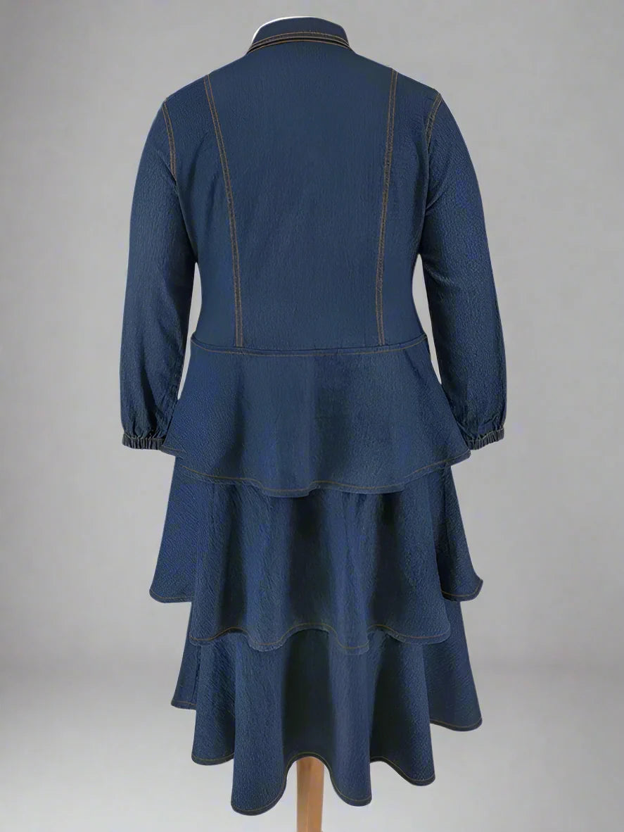 Plus Size Denim Shirt Dress Tiered Maxi Long Sleeve Dress