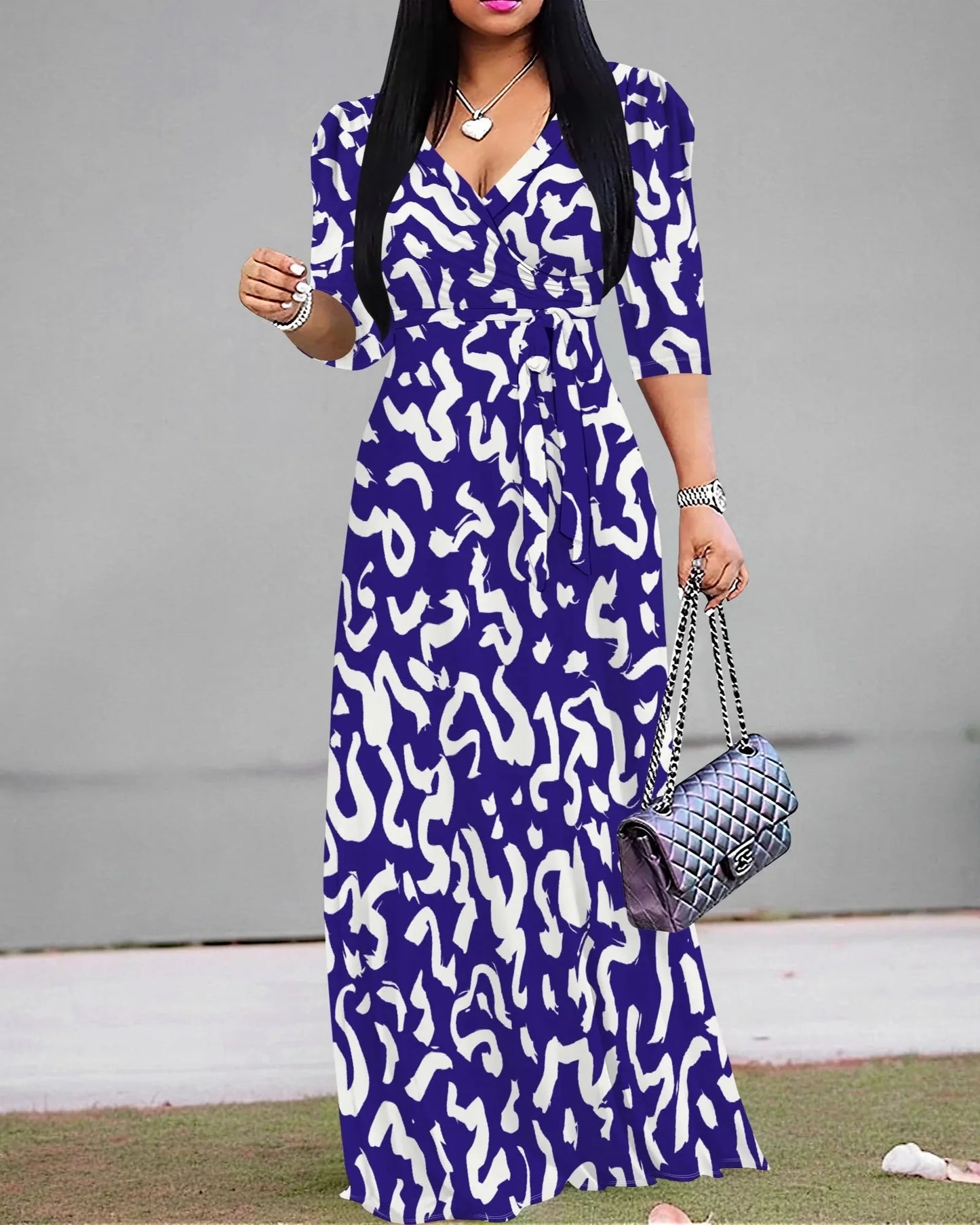 Flatter Every Curve Plus Size V-Neck Maxi Dress with Belt