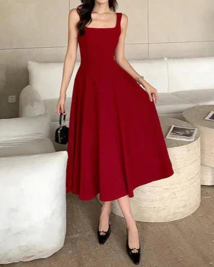 Square Collar Sleeveless A-Line Midi Dress