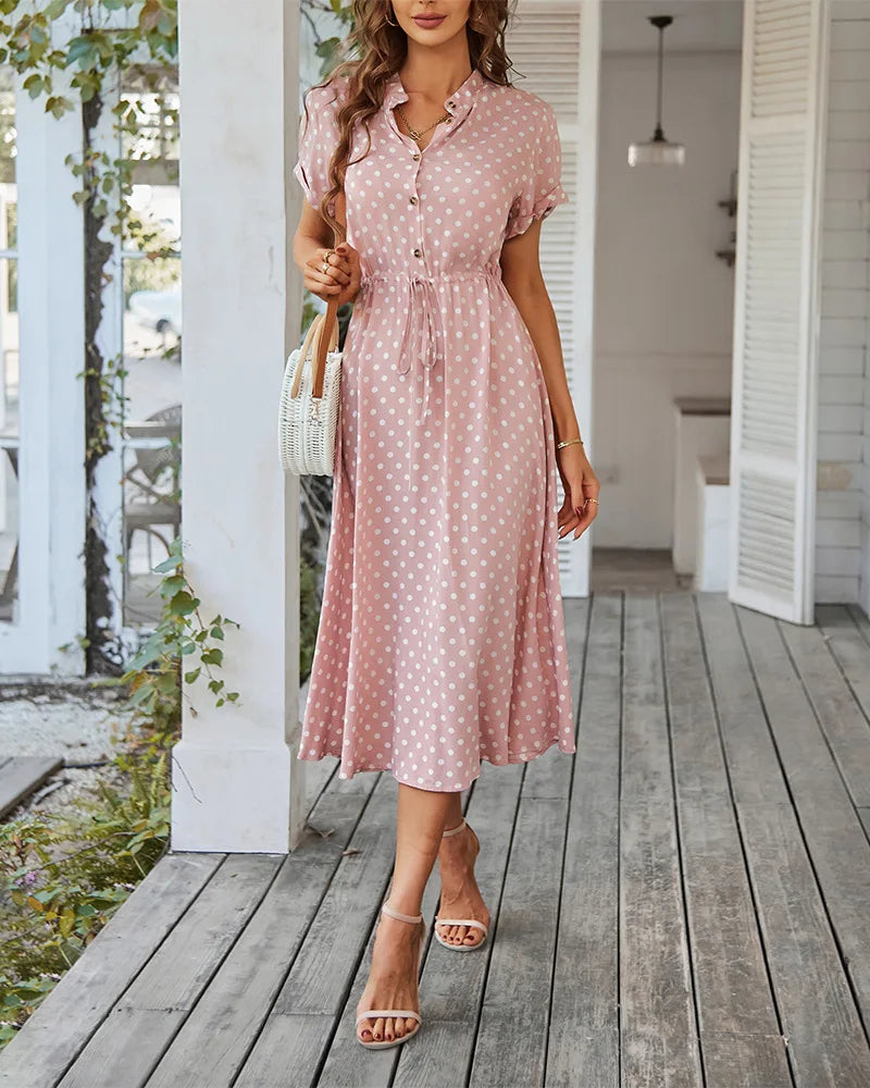 Polka Dot Print Casual Summer Shirt Midi Dress