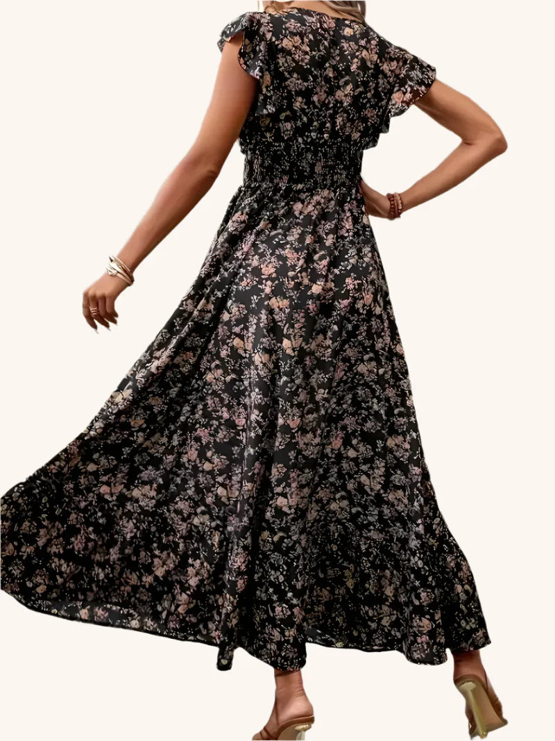 Plus Size Floral Maxi – V-Neck Ruffle Sleeve Dress