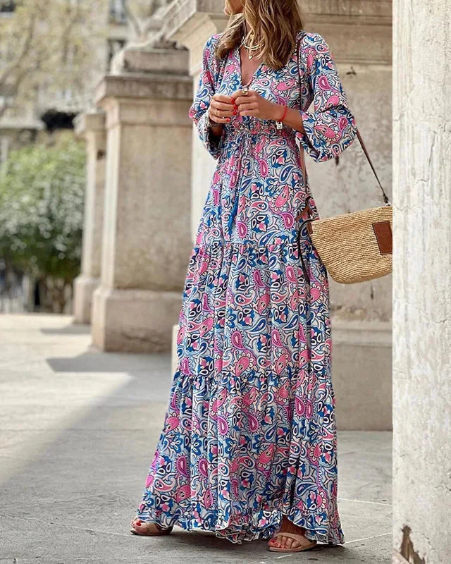 Bohemian V-Neck, Long Sleeve, High Waist Dress