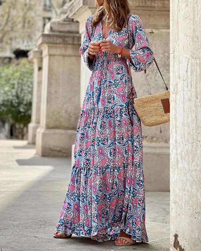 Bohemian V-Neck, Long Sleeve, High Waist Dress