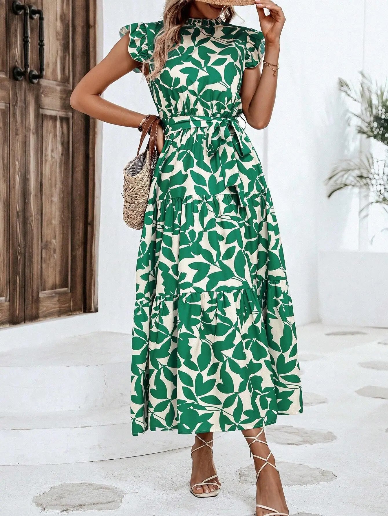 Leaf Print Midi Dress with Flying Sleeves and Lace-Up Waist