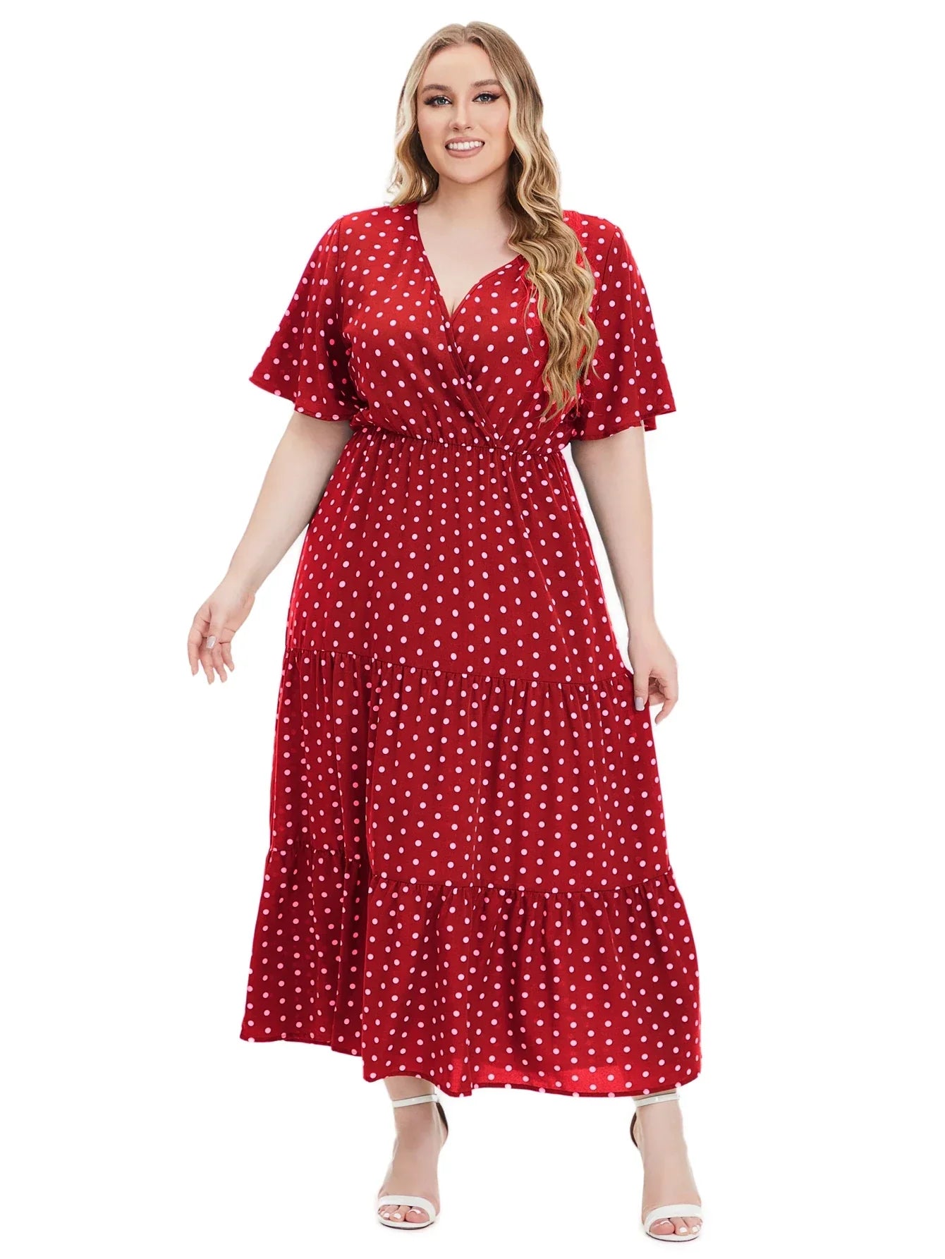 Plus Size Polka Dot V-Neck Boho Maxi Dress