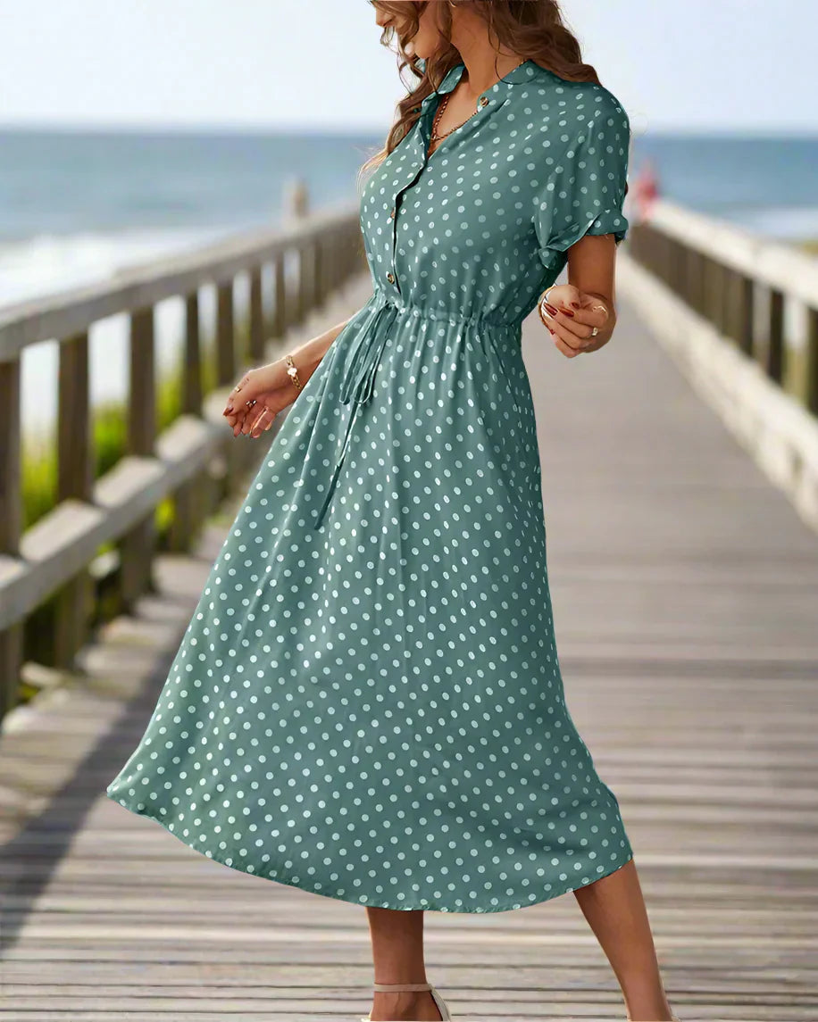 Polka Dot Print Button-Up Midi Shirt Dress