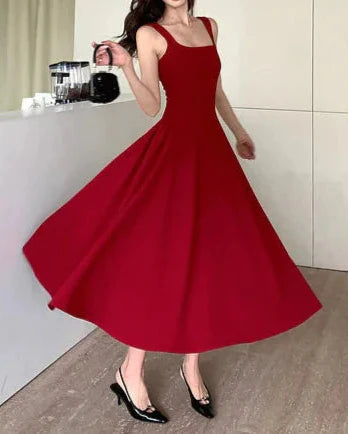 Square Collar Sleeveless A-Line Midi Dress