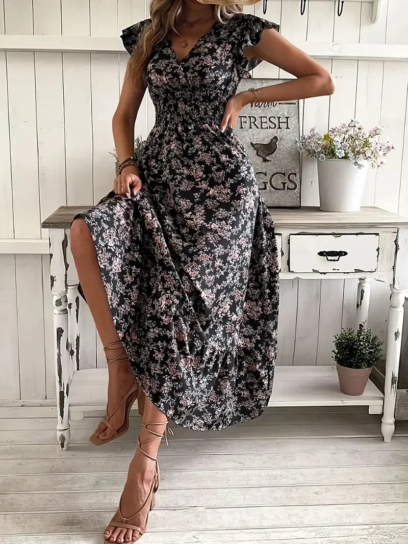 Plus Size Floral Maxi – V-Neck Ruffle Sleeve Dress