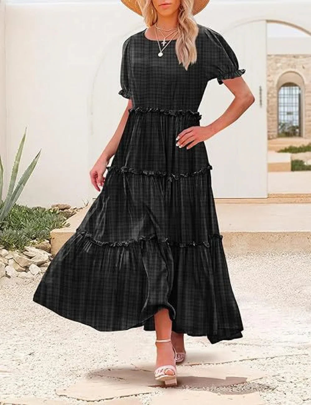 Bohemian Floral Maxi Dress with Puff Sleeves Skirt