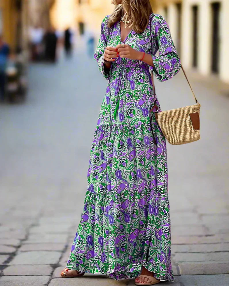 Bohemian V-Neck, Long Sleeve, High Waist Dress