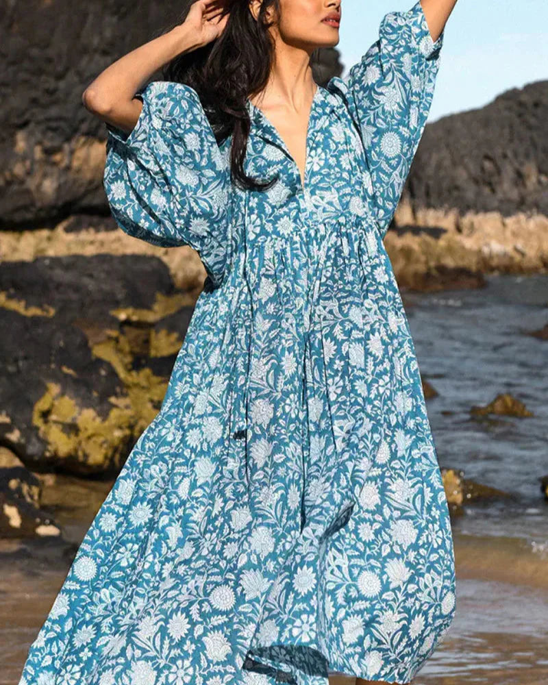 Boho Vintage Floral Puff Sleeve Patchwork Pleated Dress