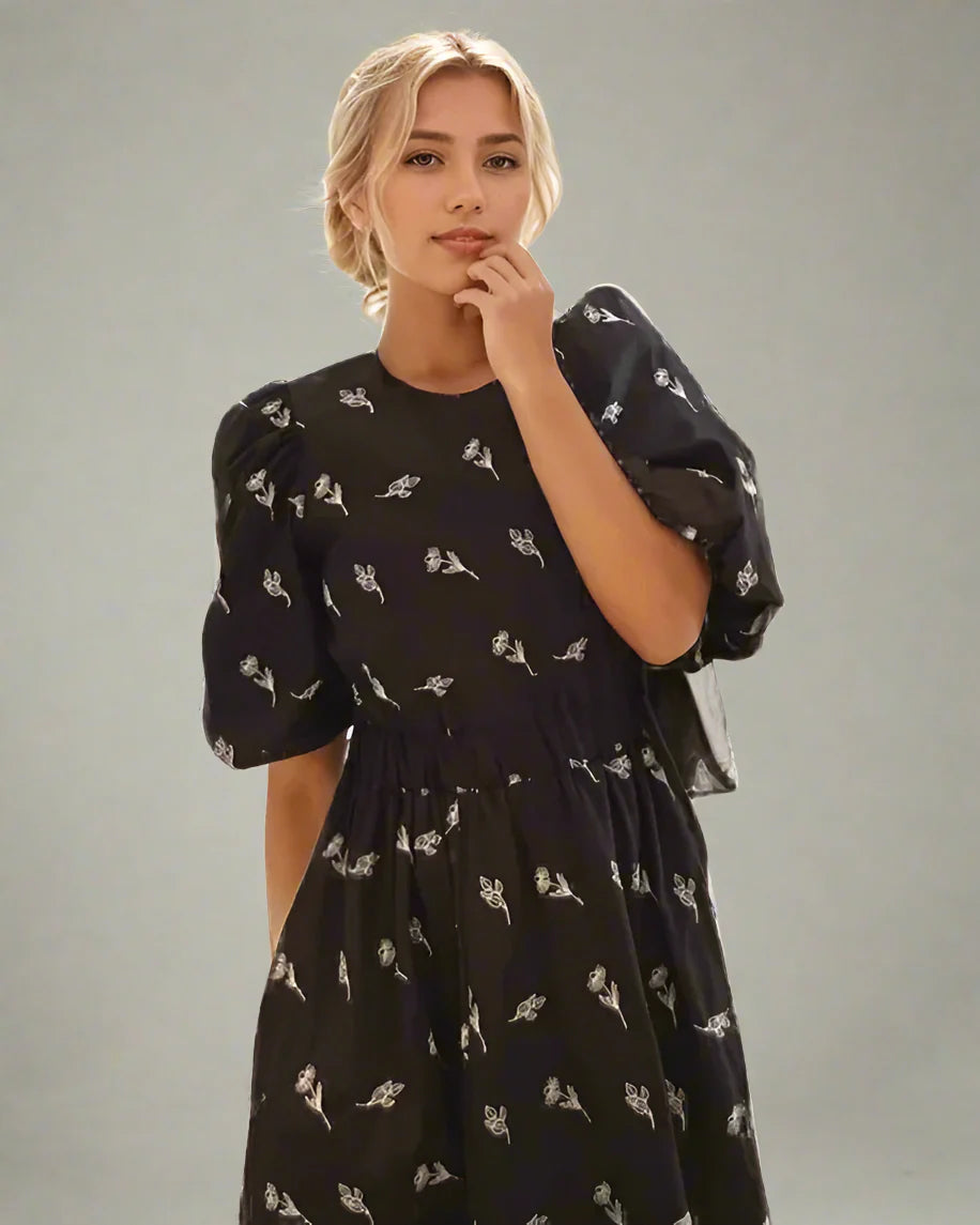 Floral Embroidered Puff Sleeve Long Dress – Casual Elegance