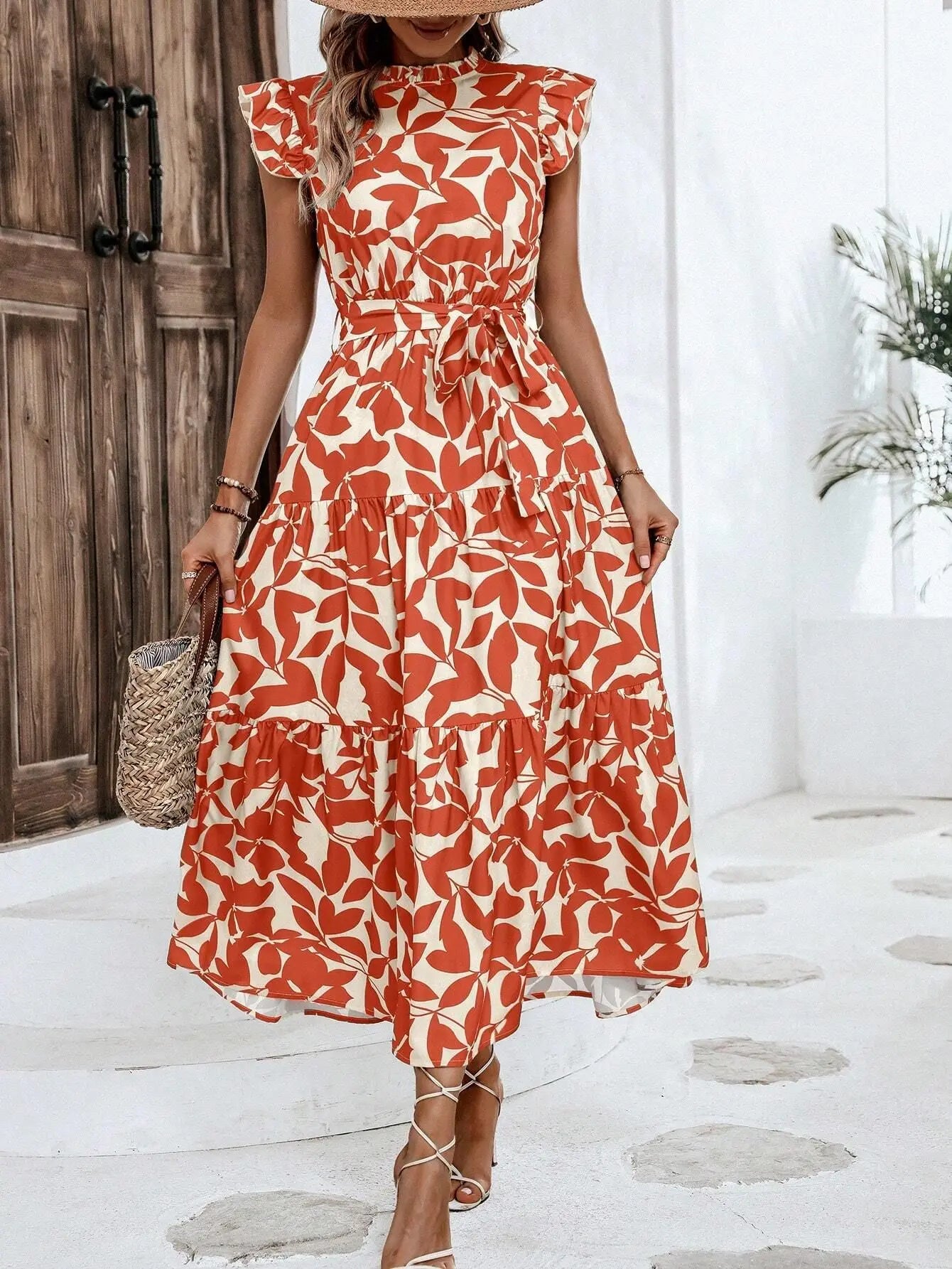 Leaf Print Midi Dress with Flying Sleeves and Lace-Up Waist