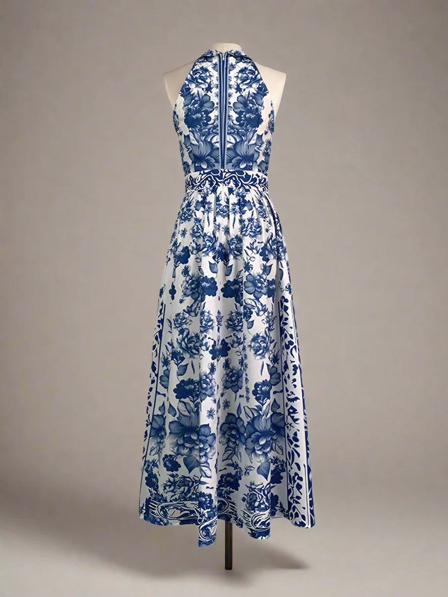Blue Print Lapel Neck Sleeveless Floral Maxi Dress
