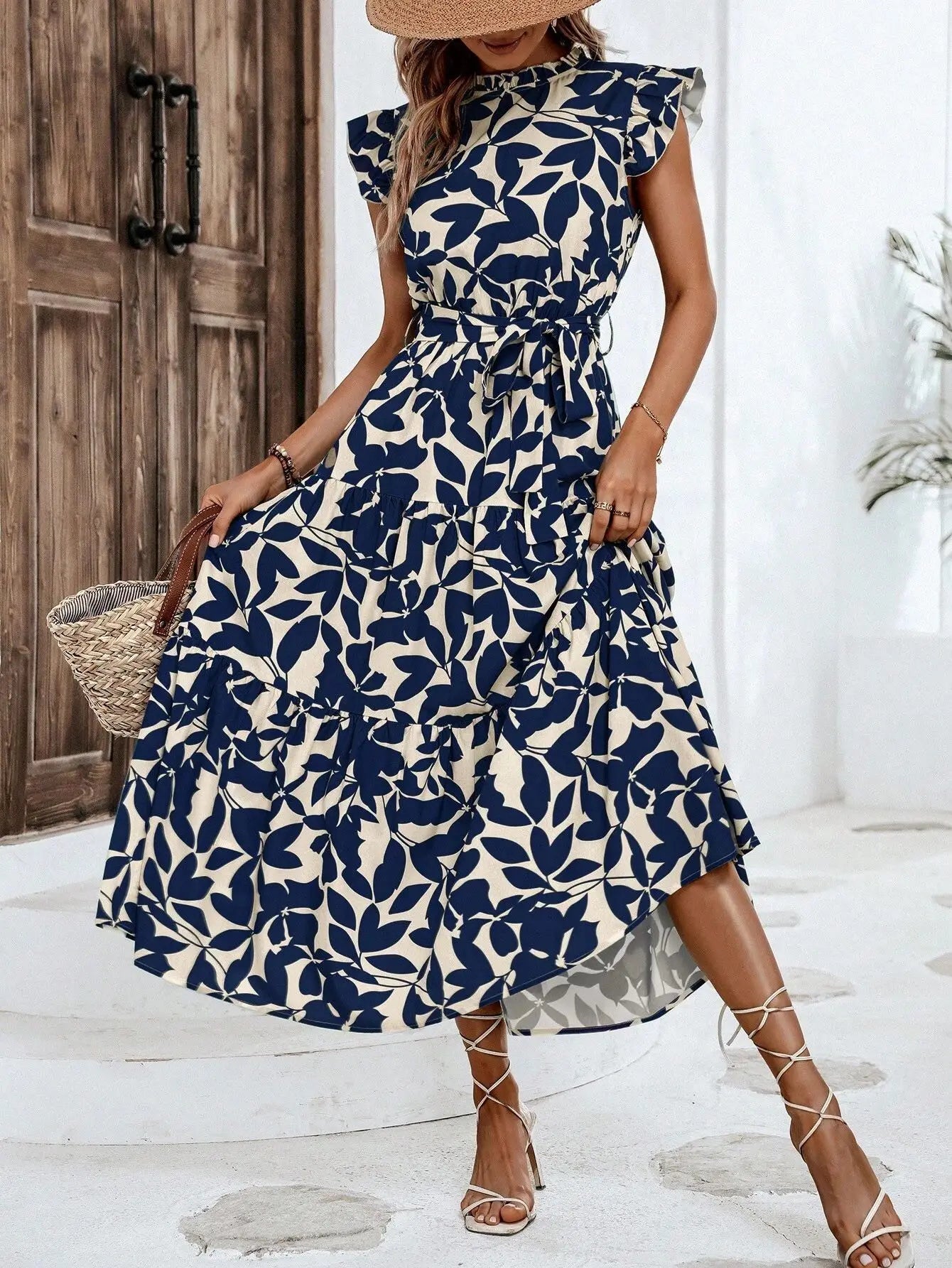 Leaf Print Midi Dress with Flying Sleeves and Lace-Up Waist