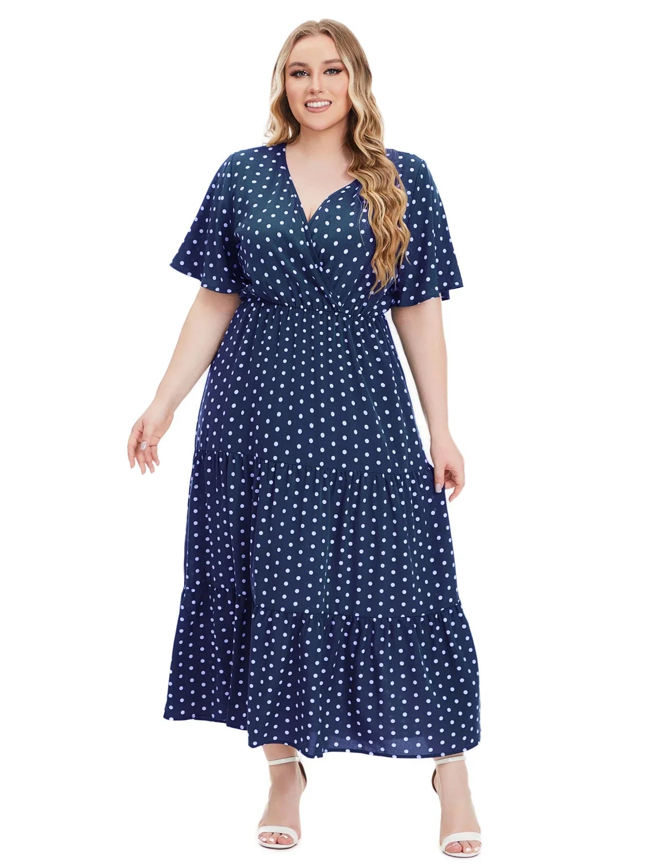 Plus Size Polka Dot V-Neck Boho Maxi Dress