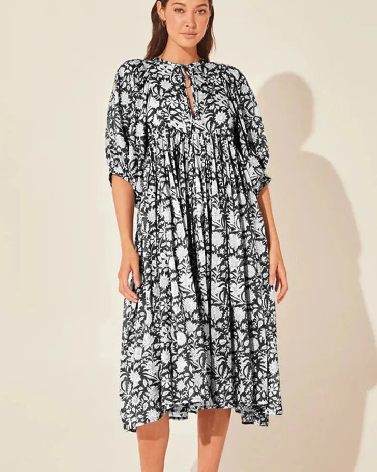 Boho Vintage Floral Puff Sleeve Patchwork Pleated Dress
