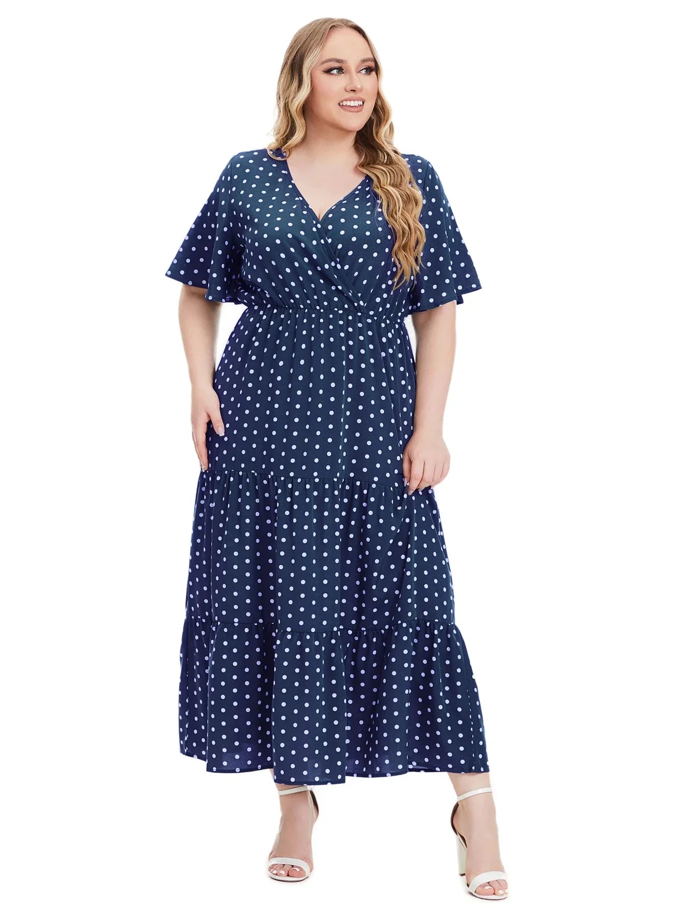 Plus Size Polka Dot V-Neck Boho Maxi Dress