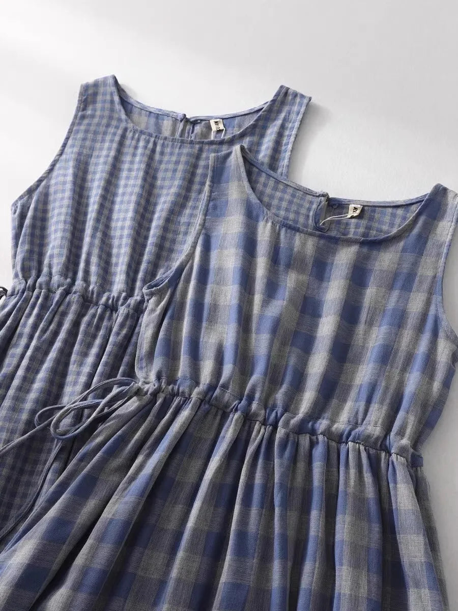 Sleeveless Midi Dress Drawstring A-Line Dress with Pockets