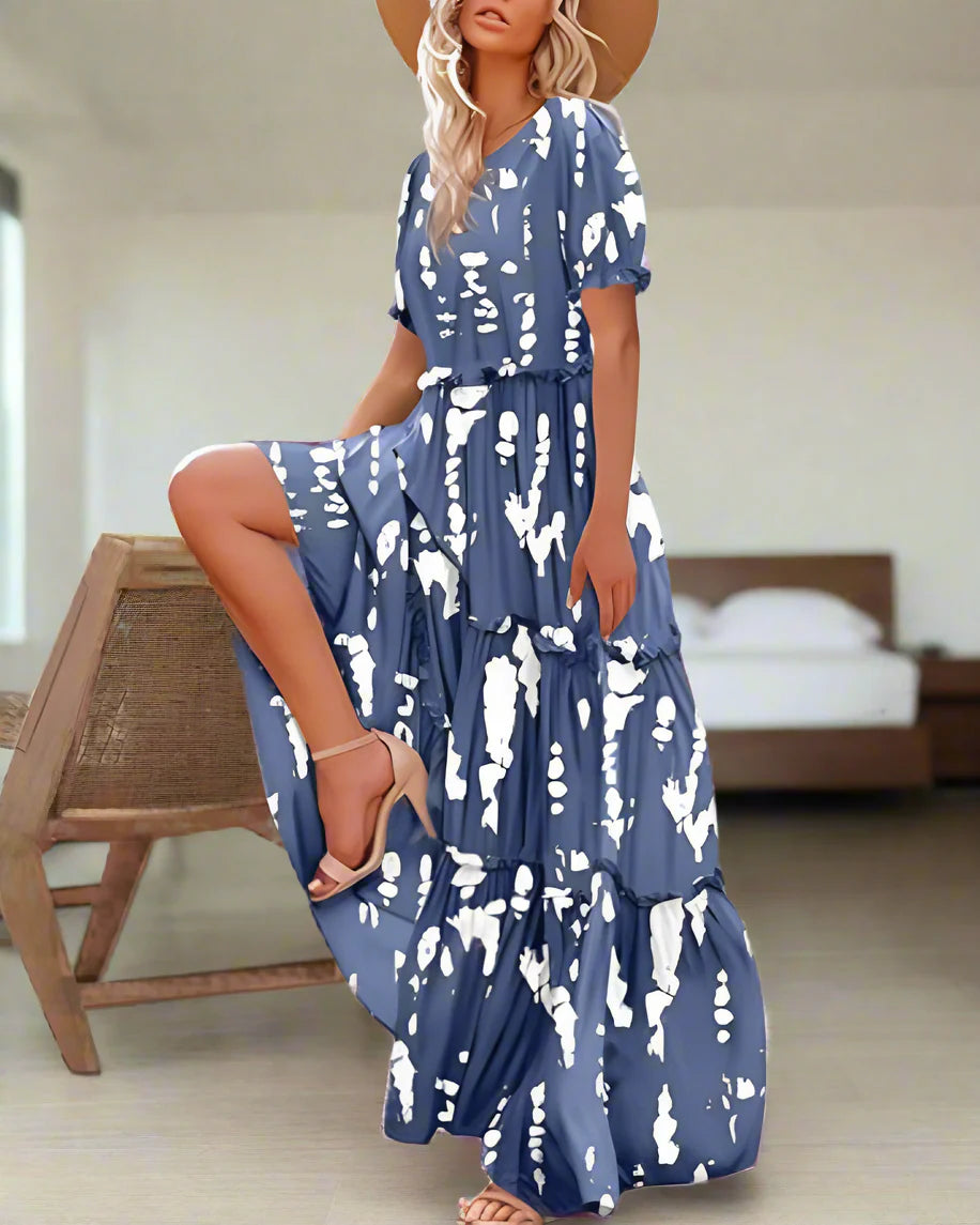 Bohemian Floral Maxi Dress with Puff Sleeves Skirt
