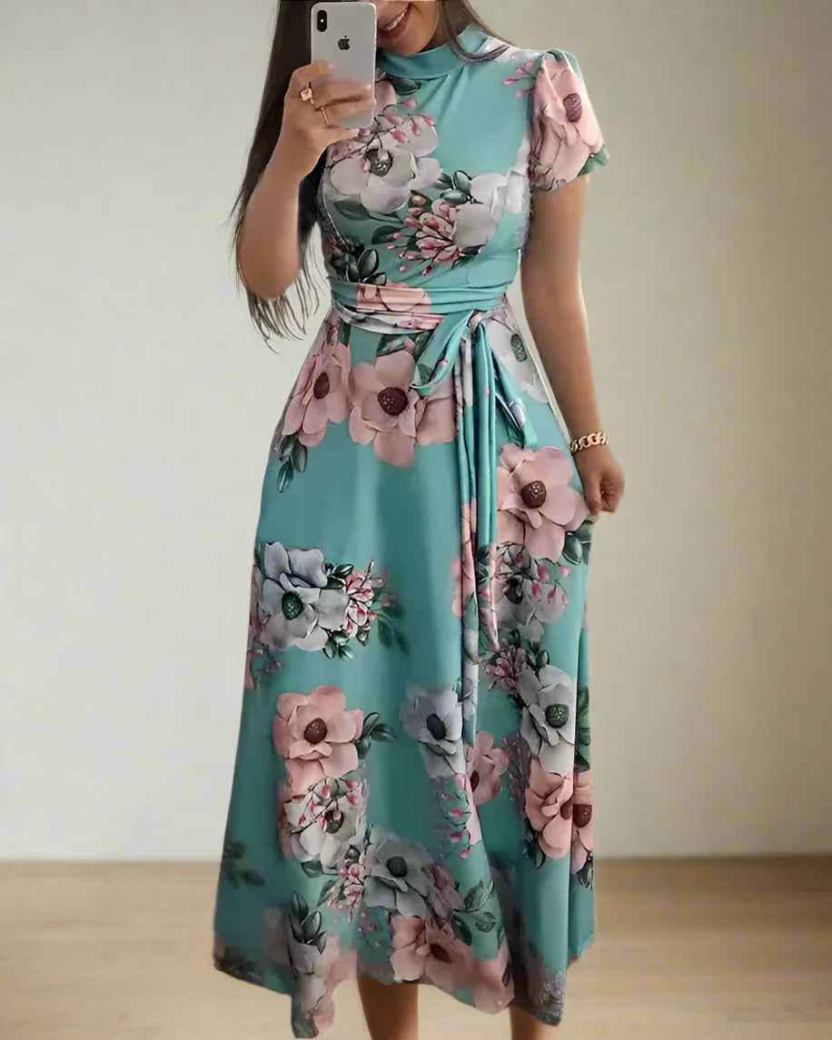 Floral Lace-Up Boho Maxi Dress – Swing Dress With Sash Belt