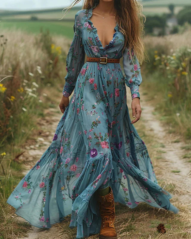 Bohemian Floral Maxi Dress – V-Neck A-Line Long Sleeves